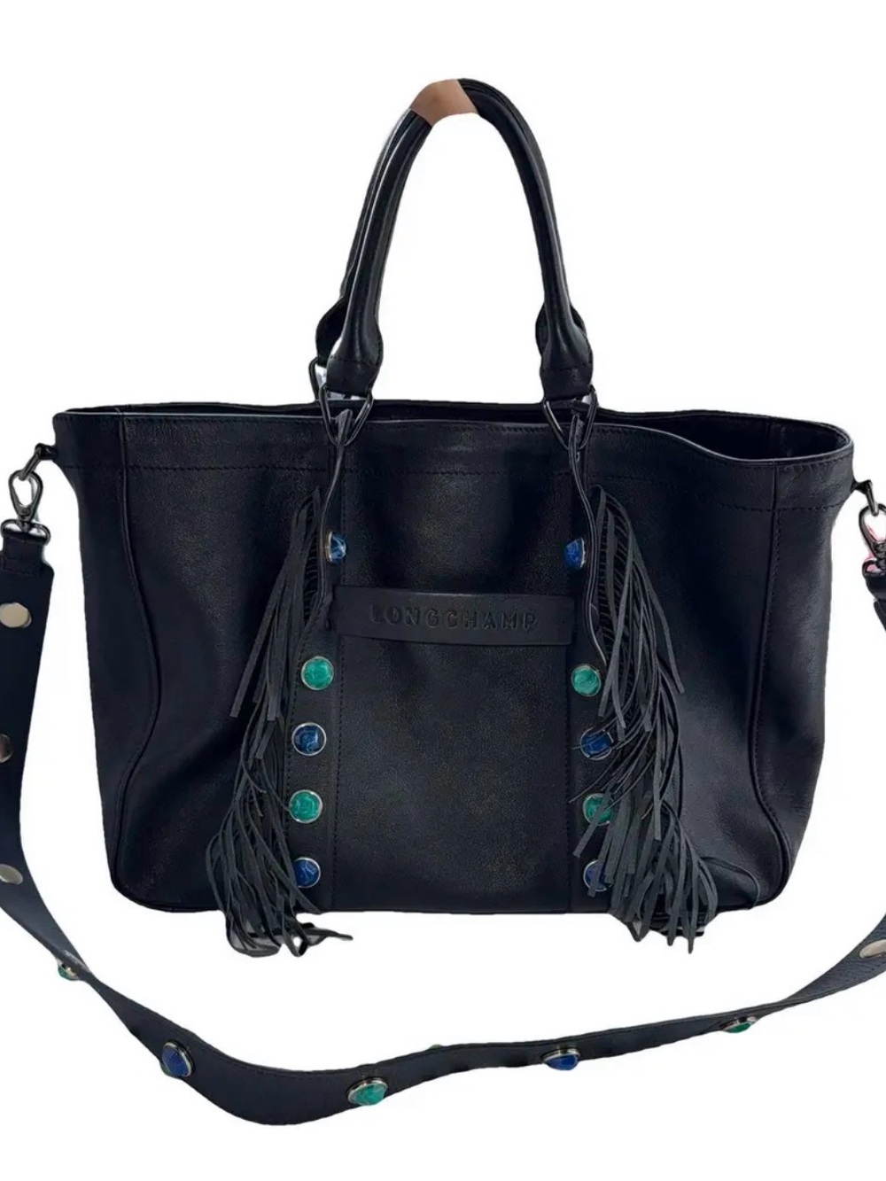 Longchamp Black Leather Tote with Blue and Green Stud Accents